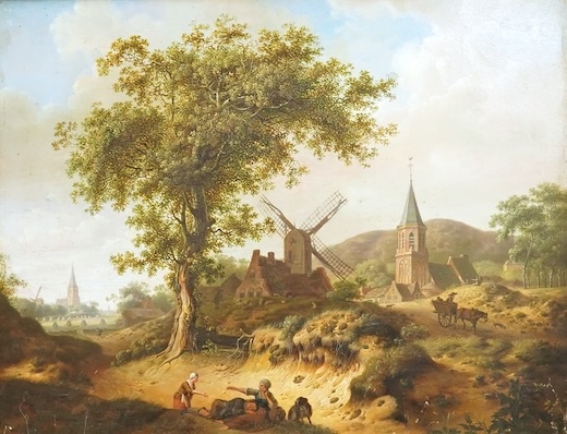 Continental School, 19th century, Landscape with figures before a windmill, oil on panel, housed in a moulded ebonised frame, 28 x 37cm